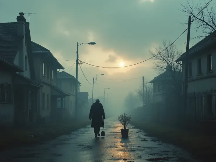 "Image of a cold, gray and cloudy city at dawn, With houses with pictured walls. And an old man named Carlos walking in the distance, appearing as if it were just a shadow in the distance with a small sapling of plants holding a shovel 