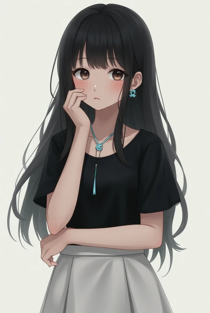 I have long black hair, light and dark brown eyes and fair skin, not so dark, and I have a black blouse and I dont have breasts, but I have a white skirt and a light blue necklace with the initial E and 
 I have light blue earrings and I am 13
