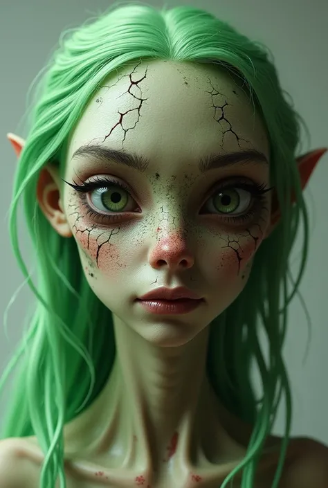 Humanoid with a human face, reptilian eyes and broken skin and green hair, man