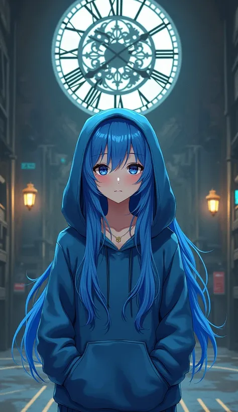 Anime girl in a blue haired hoodie standing in front of a clock,  dark-haired girl wearing a hoodie , Cyberpunk-style anime girl in hoodie ,  Long Haired Anime Girl ,  girl in a portrait of the Knights of the Zodiac, Inside a cloak with long hair , Alice x...