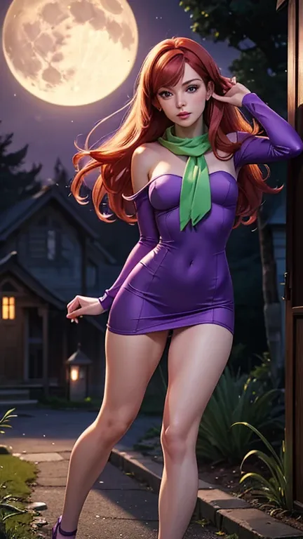 daphne blake con scooby doo,  beautiful and delicate sexy woman  , young,  red-haired hair costume,  violet eyes, purple mini dr...