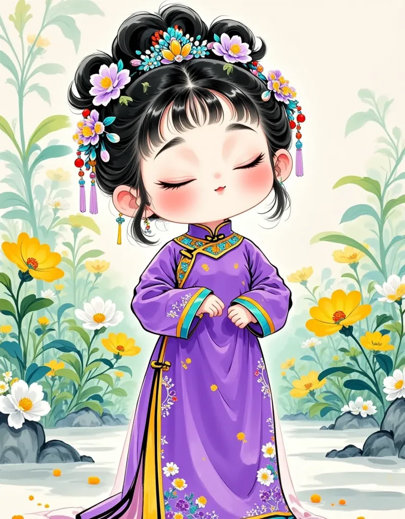 Exquisite ink painting, cute chibi girl, chibi style, adorable doodle, Chinese girl, character ink painting, hair in a bun, beautiful hair ornaments, wearing a long purple cheongsam, eyes closed, head tilted up, full body portrait, vibrant and bright color...