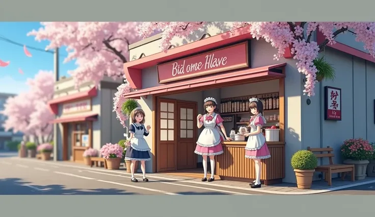 (( best quality)), ((masterpiece)), (( actual )), blooming cherry blossoms, landscape, masterpiece, ( High Res), original, Extremely detailed ed 8K  , (photo actual :1.4),  maid milk tea shop on the streets of Japan ，