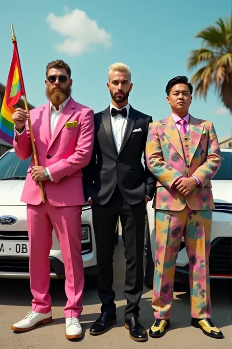  make three standing friends ,  the one on the left with a military cut ,  blond with a full beard ,  this blonde will be wearing a pink suit holding the LGBT flag ,  he will be in front of a white Ford Ka .  The middle friend is an attractive guy , with a...