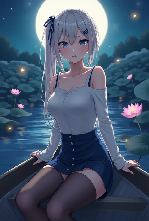 ( high quality, 【8k, original characters), (fact: 1.5), (masterpiece,  Best Quality,  high-resolution : 1.2), [girl, Summer Night, (Stockings Smooth Texture : 1.5), Sexy Skirt,  Detailed Eyes , Delicate images, [Boat, river, facing the camera,  A Large Lot...