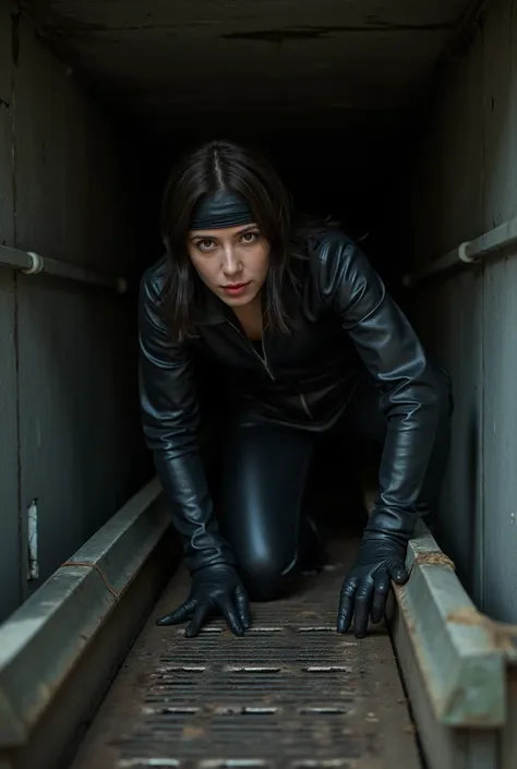 A lithe sneaky woman burglar in skin tight leather crawling through an air vent