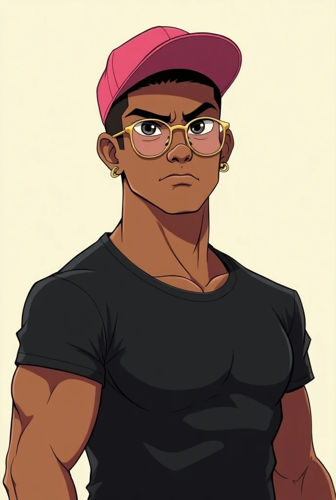 cartoon-inspired resting bitch face 25 year old male with no facial hair tall dark filipino athlete with gold glasses, small gold hoop earing in one ear, with buzz-cropped hair cut, in a black shirt and a pink cap backwards