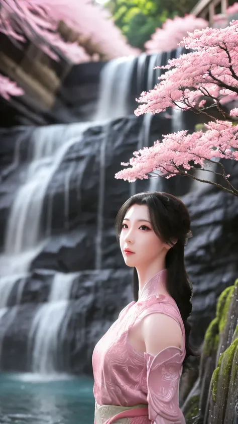 1girl, Solo, High Resolution, Behind waterfall, Behind Pink Sakura trees