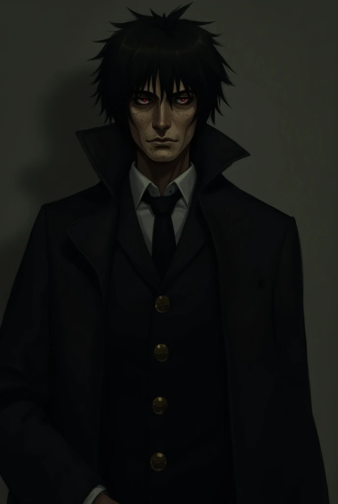 Kiritsugu wears a black suit and a trench coat .  black hair  . as a ,  his glowing eyes and tanned skin make him look ...