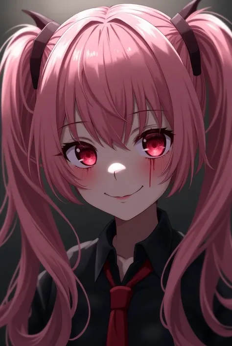 Chica anime, psycho smile, Himiko Toga ,  eyes long light pink hair with two tails tied ,  Dark Pink Eyes ,  a blush tightly attached to the bottom of her eye and a Yandere appearance