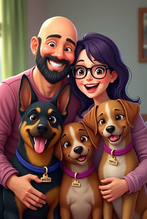 Caritura Familia hugging each other for a picture (Padre Lampiño , mother, Black and brown German shepherd dog with a fuchsia necklace with a plate that says Elsa,  a brown dog with a fuchsia necklace with a plate that says Cristy , a caramel-colored dog w...