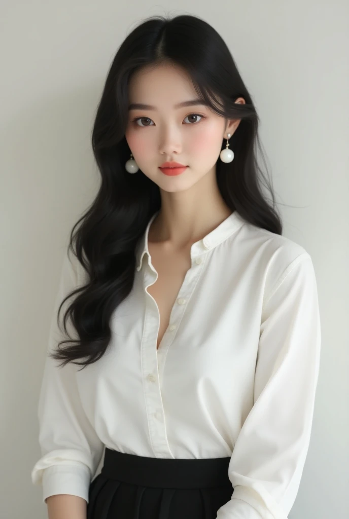 I am a girl with long and dark black hair, I have brown eyes, fair skin and a little brunette, I have white earrings and I have a white blouse and I have a black skirt and I am .
