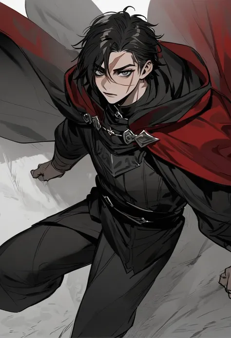 young man ,Male Dark, Red & Black colors, gray eye, rogue dnd, wear cape, hood, have scar