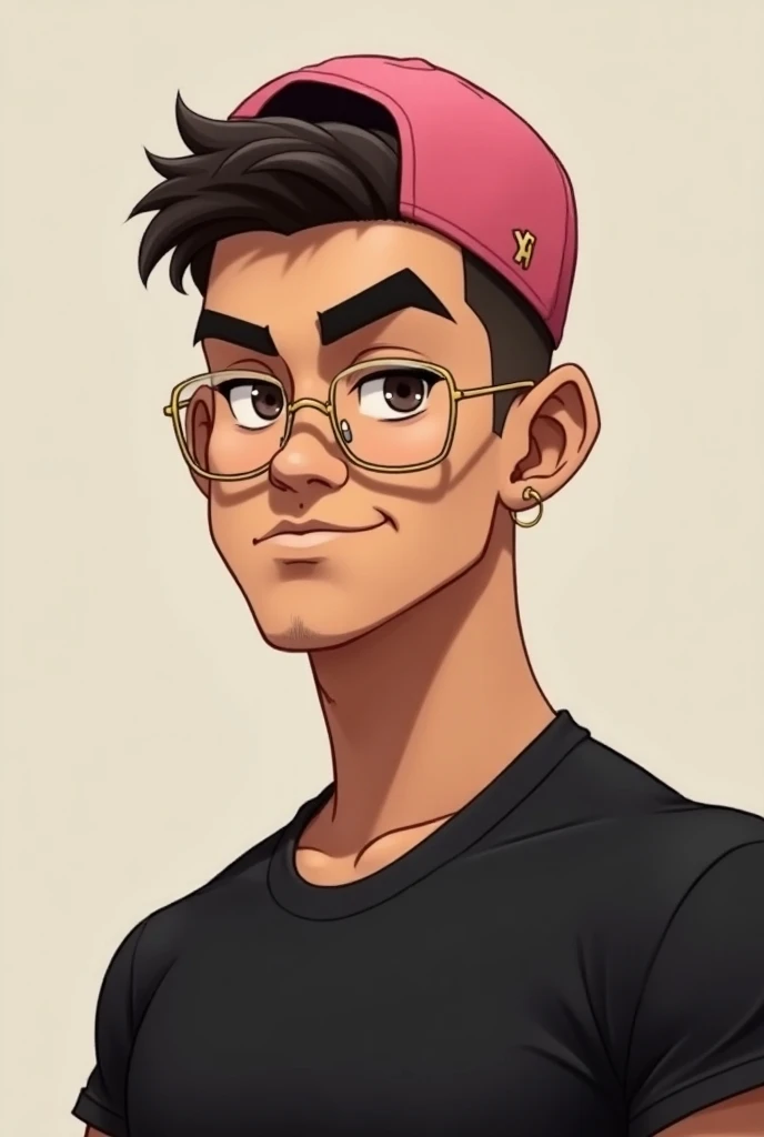 cartoon-inspired resting bitch face 25 year old regular body type male with no facial hair tall dark filipino athlete with gold glasses, small gold hoop earing in one ear, with buzz-cropped hair cut, in a black shirt and a pink cap backwards