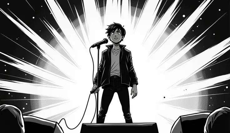 Make a black White comic picture of a solo vocalist Rock band show with holding stand mic, short hair style