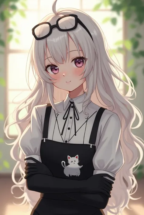 Cute female character with long white wavy hair, with glasses on her head, wearing a white blouse with black lines and a black jumpsuit with a kitten on it,using long black gloves  