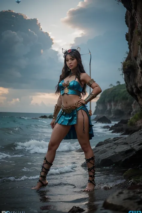 A lovely, young  beautiful, attractive & charming cyberpunk girl, 18yr old, wearing  native Philippines goddess costume, (using a bow & arrow aiming pose or holding kampilan blades), casting a torching bolt from hands, super photographic detail, wearing a ...