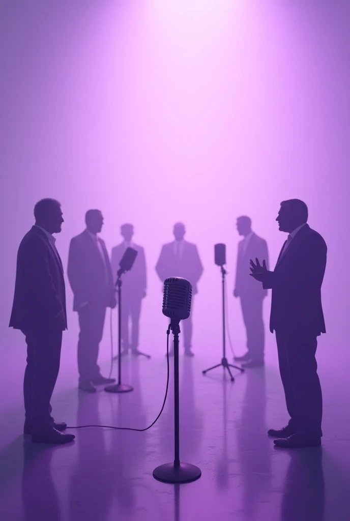 Light purple background with podcast microphones and five ugly and two male silhouettes around them that look like elementary school teachers 