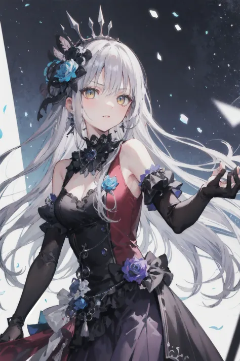 (masterpiece), ( best quality), perfect composition, Clean, 8K, , [1 Girl,  cowboy shooting], (minato_Snow vegetable_Bond Dream:1), long grey hair, Sweep the bangs,  Bright eyes , Jewelry, hair_flower, Gothic fashion, slanted shoulder dress , embroidery, s...