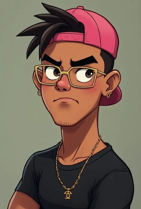 cartoon-inspired resting bitch face 25 year old male with no facial hair tall dark handsome filipino athlete with gold glasses, small gold hoop earing in one ear, with buzz-cropped hair cut, in a black shirt and a pink cap backwards