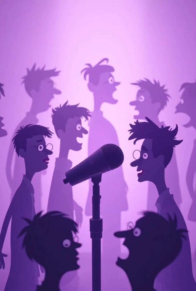 Light purple background with podcast microphones and five ugly and two male silhouettes around that look like elementary school teachers 