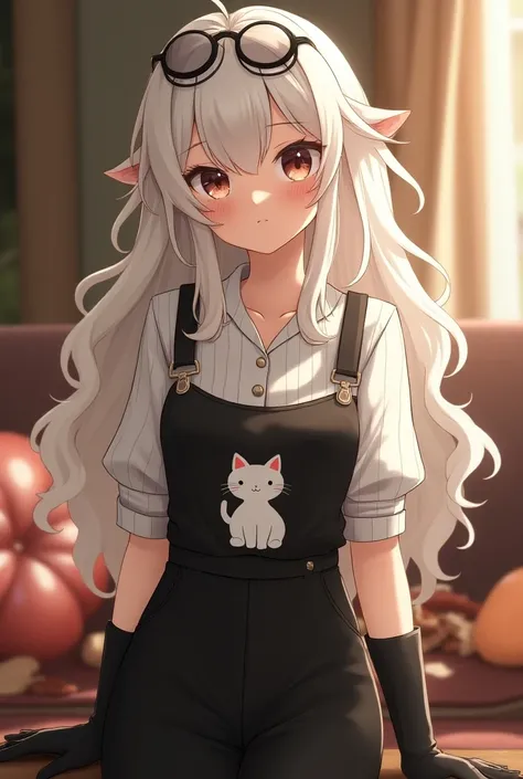 Cute female character with long white wavy hair, with glasses on her head, wearing a white blouse with black lines and a black cute jumpsuit with a kitten on it,using long black gloves  