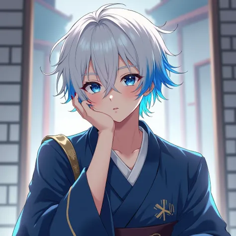 male character, young, white hair with blue highlights, with kimono, with his hand on his face