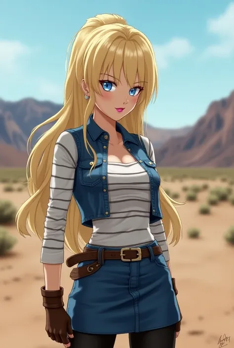 Android No. 18 from the Dragon Ball Z series blonde straight hair short blue eyes white long sleeve shirt with horizontal black stripes vest jeans denim skirt black legging pants brown boot around the waist sexy erotic sensual pink lipstick on a plain moun...