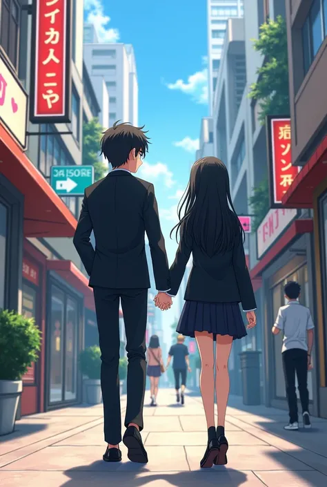 Couple, glasses, boy, girl, walking by street, black hairs, white skin, young, black uniform, students, skinny, anime style