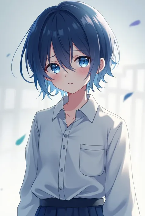  A boy with dark blue and light blue hair, piel Blanca, with long sleeve shirt and skirt for men and with light blue eyes half effeminate and half male anime with embarrassed expression