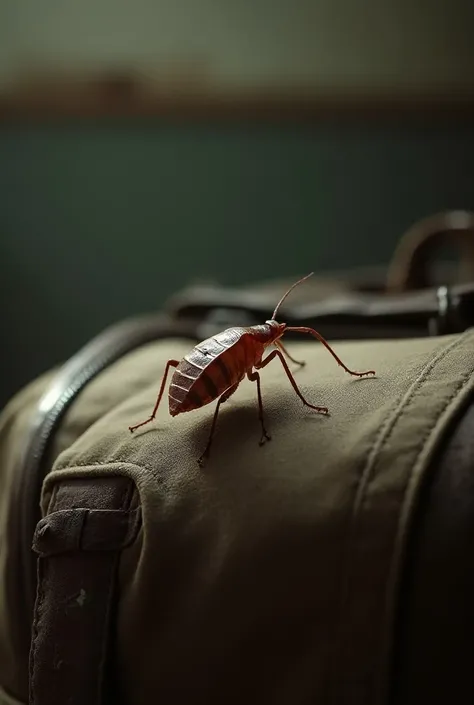 (photorealism:1.2), Bed bug crawls on the luggage bag in student hostel