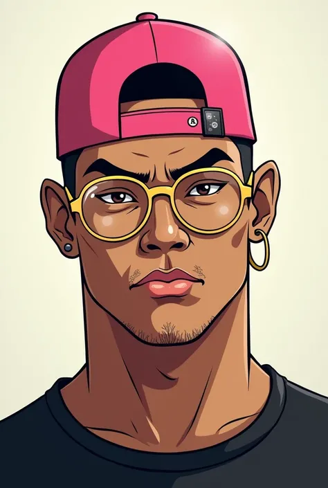 cartoon-inspired intimidating face 25 year old hot male, with no facial hair, tall, dark, handsome filipino athlete with gold glasses, small gold hoop earing in one ear, with buzz-cropped hair cut, in a black shirt and a pink cap backwards