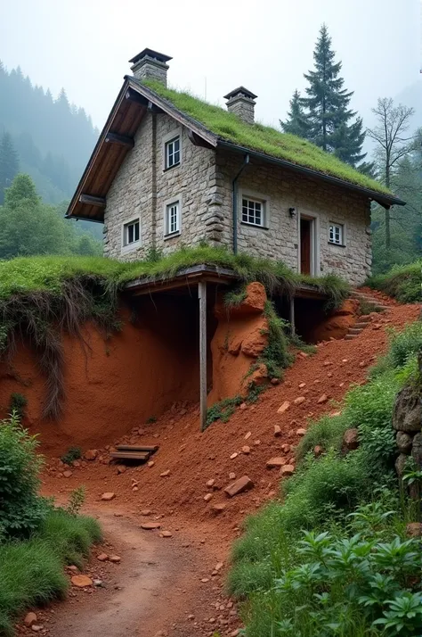 A house that collapsed and was damaged cause of the landslide 
