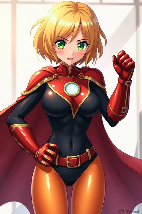  Make an image of a girl with short blonde hair with the same as her Freya, Her eyes are emerald green., pink lips, Confident gaze,  her clothes are like those of a superhero ,  has a red cape ,  a black oberol in shorts , orange tights ,  she has gloves l...