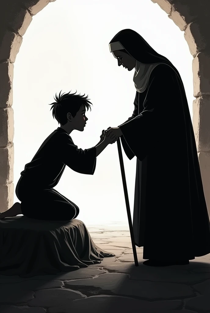 Create an image of a young boy offering to a nun who is asking for help on the floor, The image should not contain color only the silhouette .
