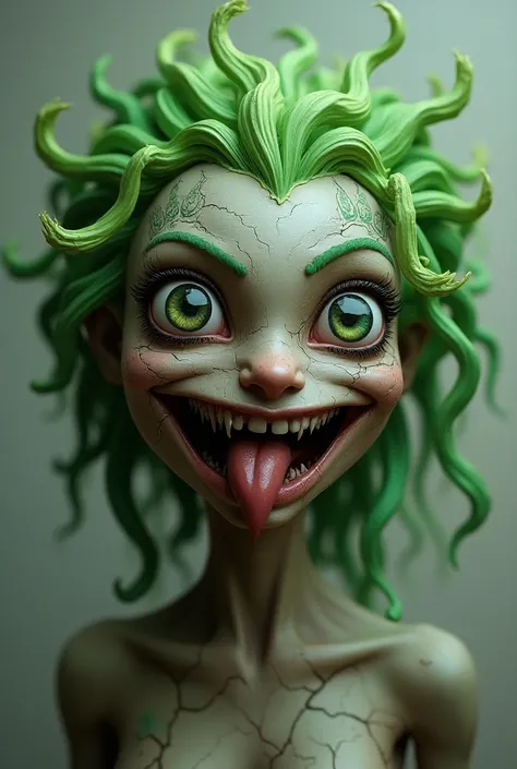 Humanoid with a human face, reptilian eyes and broken skin and green hair, like a male model with his tongue out and a deranged face. 