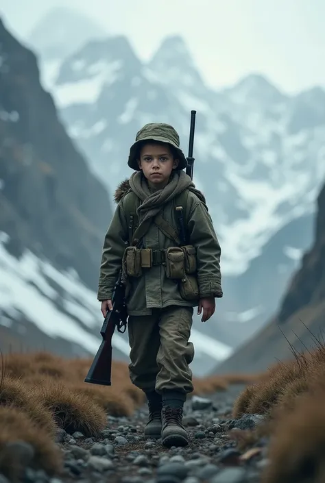 Image:  boy leaving the war wearing a rifle uniform in the middle of the mountain 