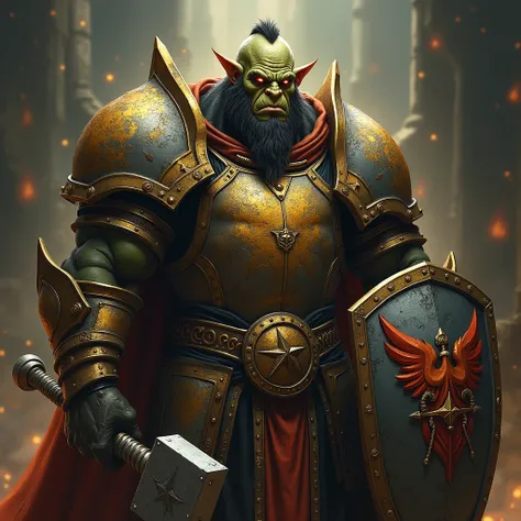 An imposing orc aasimar Paladin, fully clad in weathered, battle-scarred full plate armor, with golden markings covering their face and arms, gently illuminating the surrounding environment with an ethereal glow. Their eyes burn with the same celestial lig...