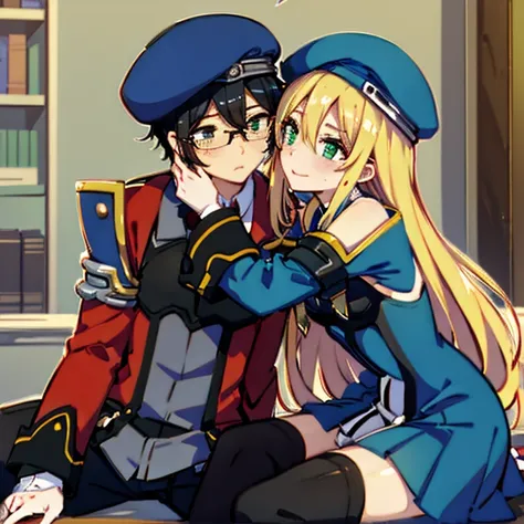  1 boy with black hair, Red jacket and glasses romantically kissing a girl with blonde hair with green eyes, blue dress. Blue  skirt, Blue beret, black thigh highs, Library in the background., True love, blushing cheeks, high quality, high-res, highest qua...