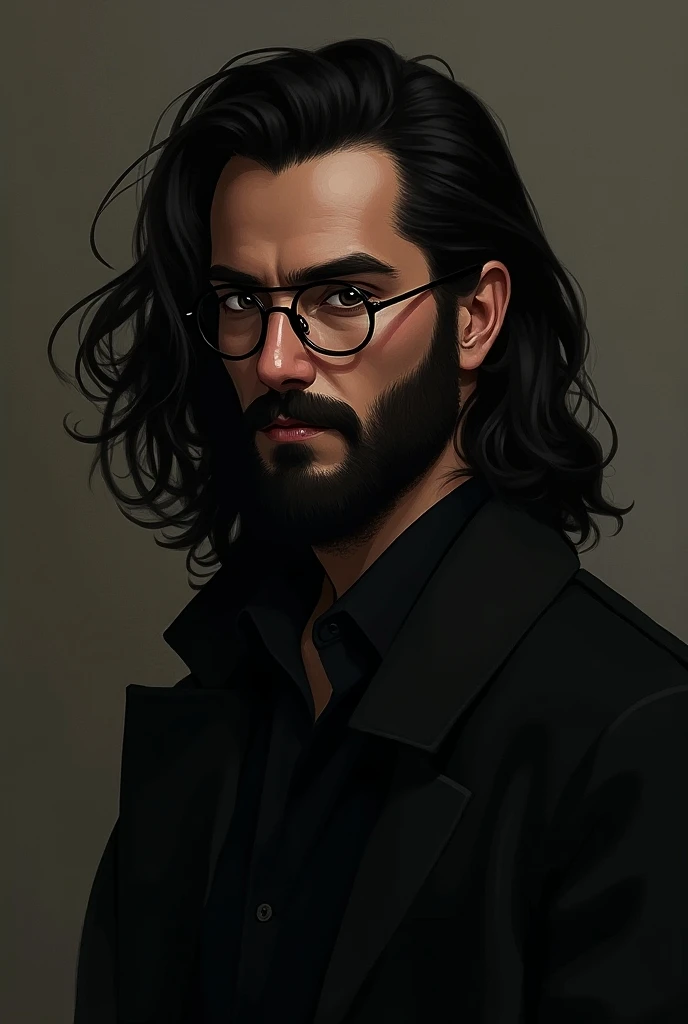 Man with long black hair , black skin, dark brown eyes beard
And cartoon glasses,

