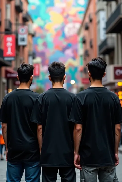 3men wearing plain black oversized tshirt looking frount at the street with wall art 