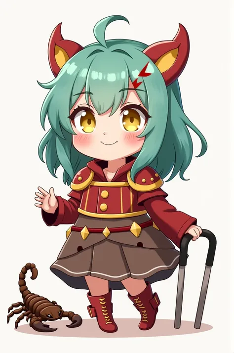 A shy chubby girl with cyan hair that is a bit greenish and red, with yellow eyes and a red scar on her eyes with a cane and a Scorpion, with red armor parts with yellow details on the waist, chest and shoulders, Anime Stlye