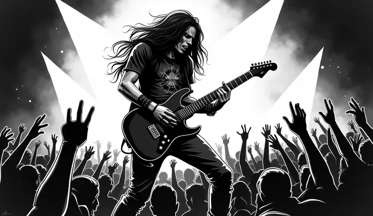 Make a black White comic picture of a solo Guitarist Rock band perform with long wavy hair style