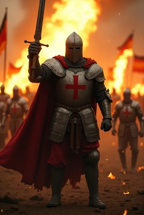 A broad Christian knight with helmet and a cross on his chest is standing on a burning battlefield his armor is smeared with blood he raises his sword in the air and screams at him hundreds of knights running past him in the background is a Germany fan