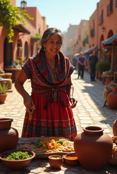  A 50-year-old Mexican woman wearing traditional Mexican dresses cooking in clay pots. Preparing my birthday celebration in town  