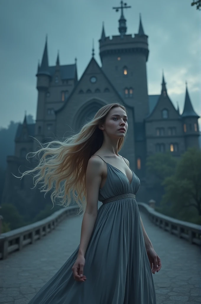 Woman wearing grey modern dress, releasing her hair has magic standing in front of the night castle