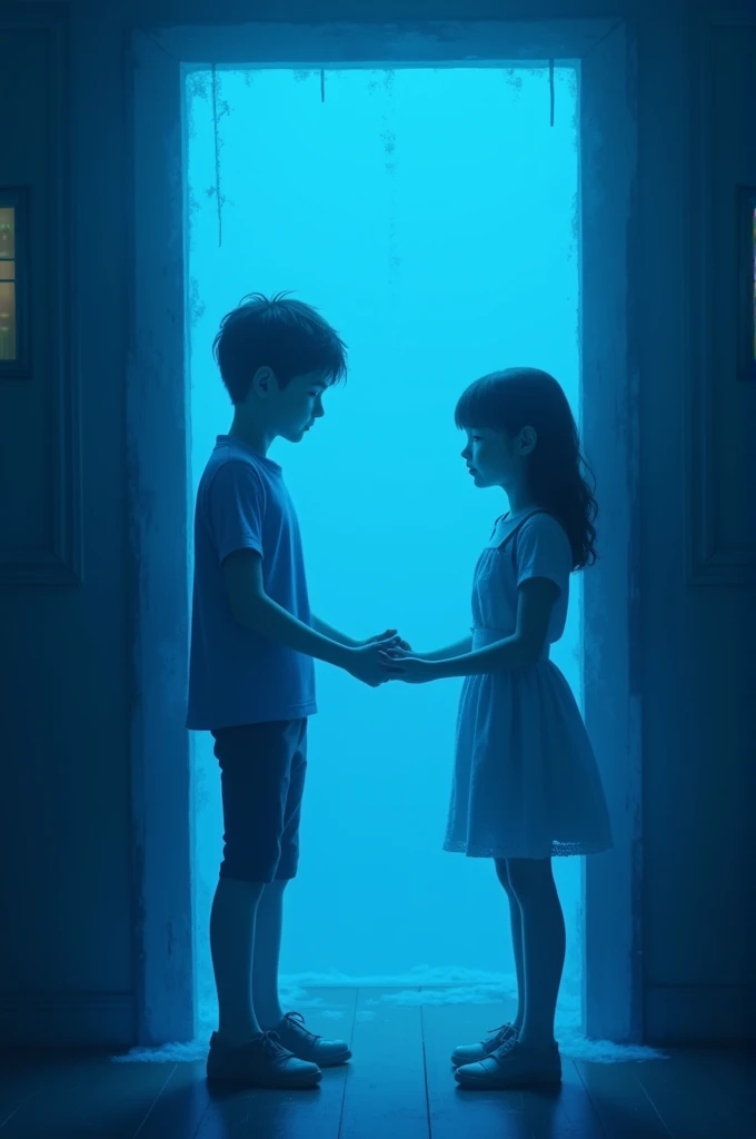 portal for musical premiere where a boy and a girl are in a room separated by something invisible trying to touch each others hands and the entire image is saturated with blues the image in realistic effect