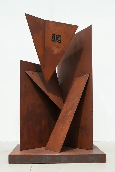 Geometric sculpture with rusty iron sheets, easy to make, with the Zach event logo