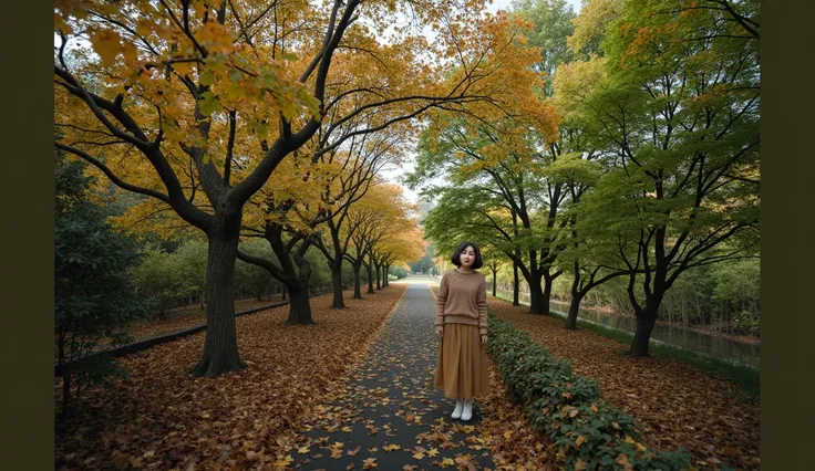 A beautiful little Korean woman in her 50s  、Short, medium length hair 、  natural color clothing  、  natural look、  top quality  、  super high resolution  、 high quality detail  、8ｋ、Maple leaves :1.5、  deep autumn forest  、 A beautiful Korean woman in her ...