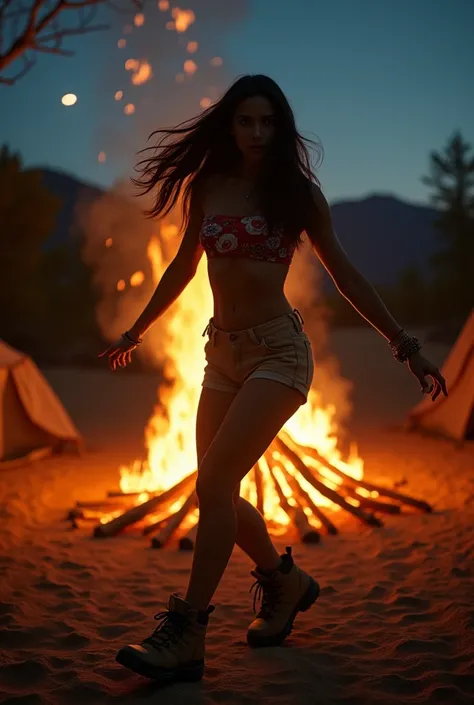 a Photorealistic wide shot of a Mexican woman with long black hair in her early 20s dancing at a campsite at night wearing tan hiking shorts, hiking boots, and a red flowery tube top, neon glow from the fire.